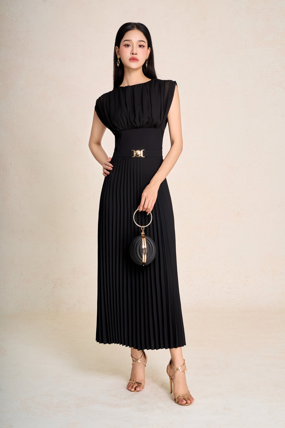 FDP33583 - Đầm dạo phố vải tuytsi dáng ôm cổ tròn tay chờm ngực phối nhún eo cao có dây đai chun thân váy dập ly thời trang - PANTIO