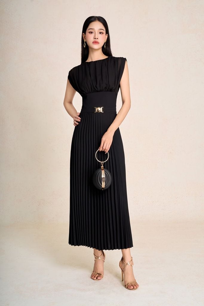 FDP33583 - Đầm dạo phố vải tuytsi dáng ôm cổ tròn tay chờm ngực phối nhún eo cao có dây đai chun thân váy dập ly thời trang - PANTIO