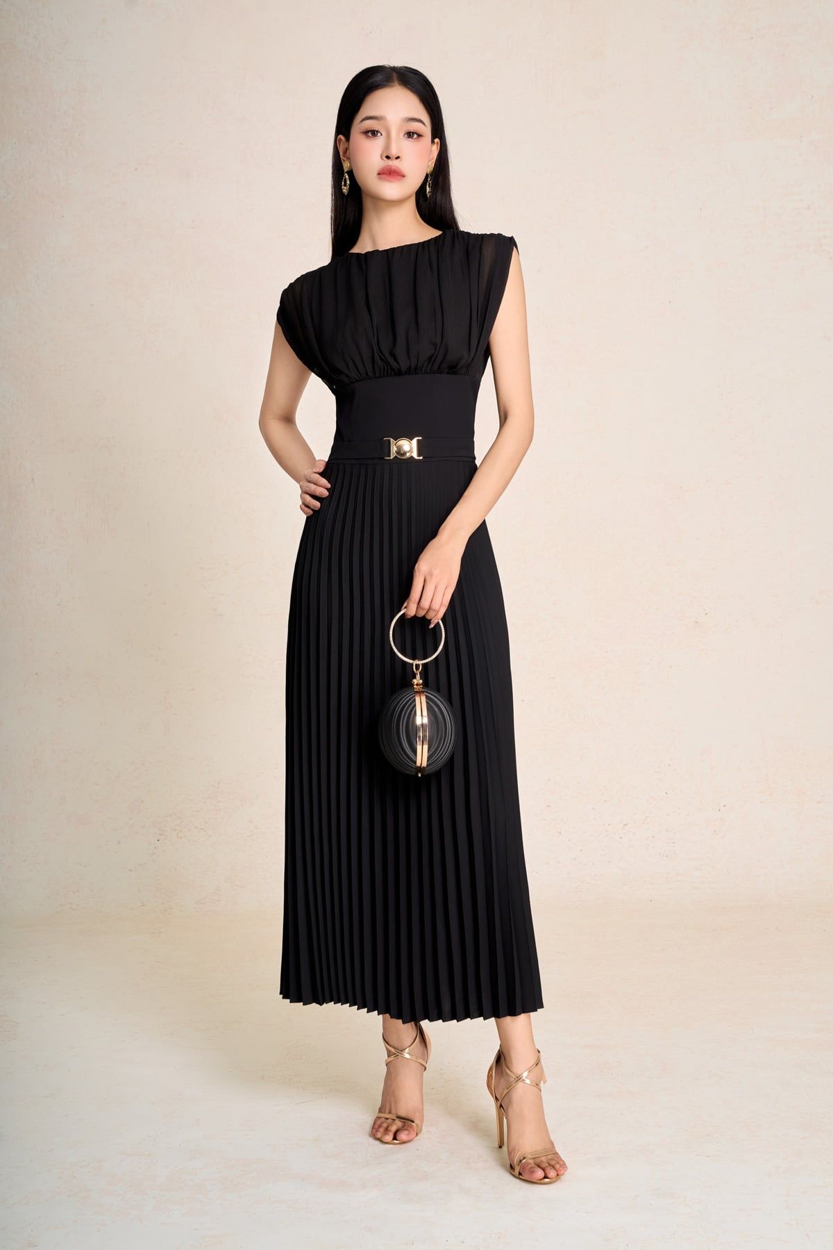 FDP33583 - Đầm dạo phố vải tuytsi dáng ôm cổ tròn tay chờm ngực phối nhún eo cao có dây đai chun thân váy dập ly thời trang - PANTIO