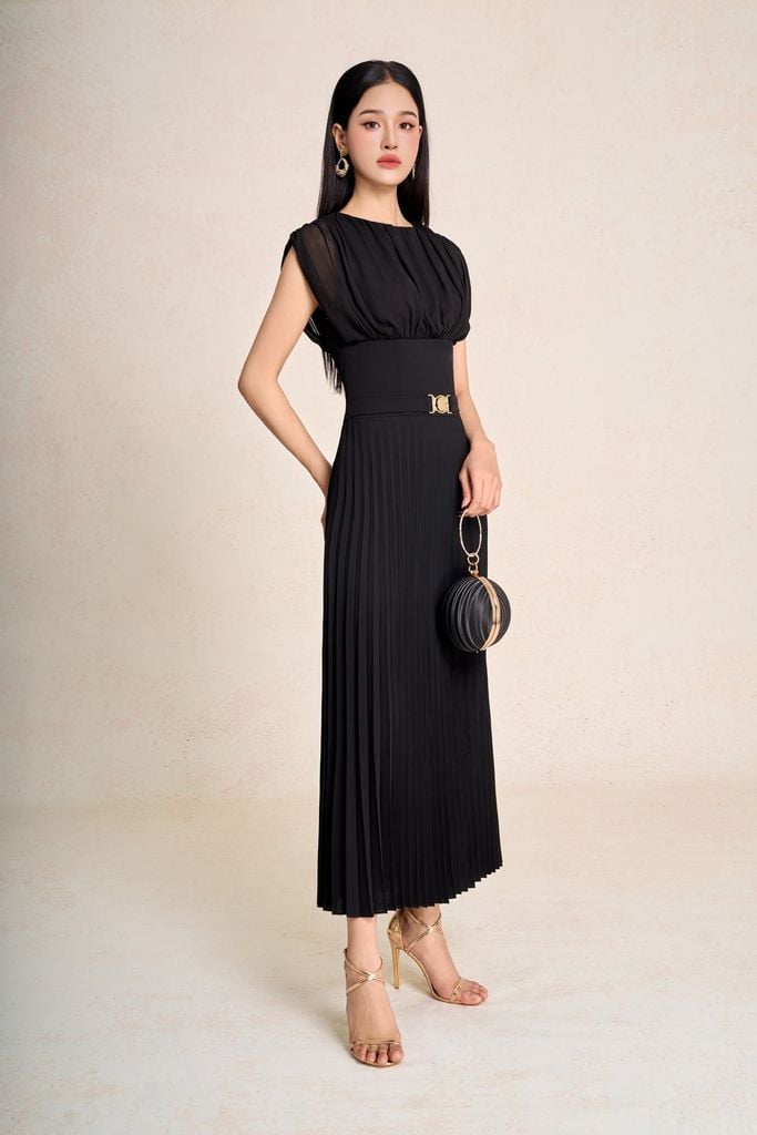 FDP33583 - Đầm dạo phố vải tuytsi dáng ôm cổ tròn tay chờm ngực phối nhún eo cao có dây đai chun thân váy dập ly thời trang - PANTIO