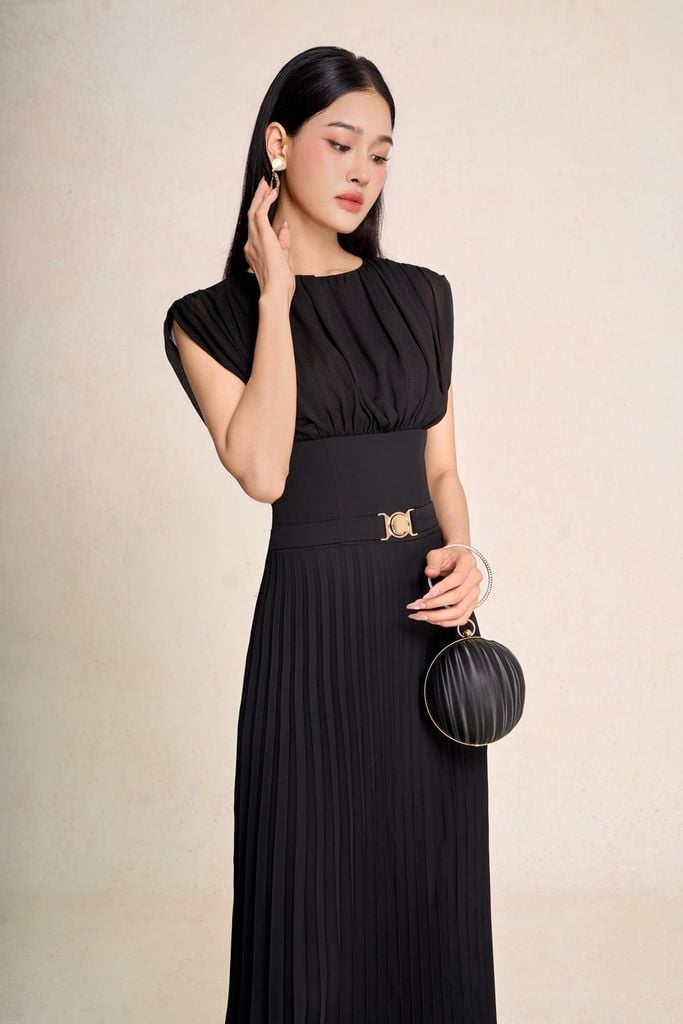 FDP33583 - Đầm dạo phố vải tuytsi dáng ôm cổ tròn tay chờm ngực phối nhún eo cao có dây đai chun thân váy dập ly thời trang - PANTIO