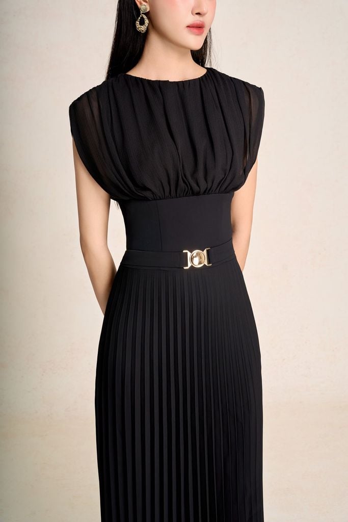 FDP33583 - Đầm dạo phố vải tuytsi dáng ôm cổ tròn tay chờm ngực phối nhún eo cao có dây đai chun thân váy dập ly thời trang - PANTIO