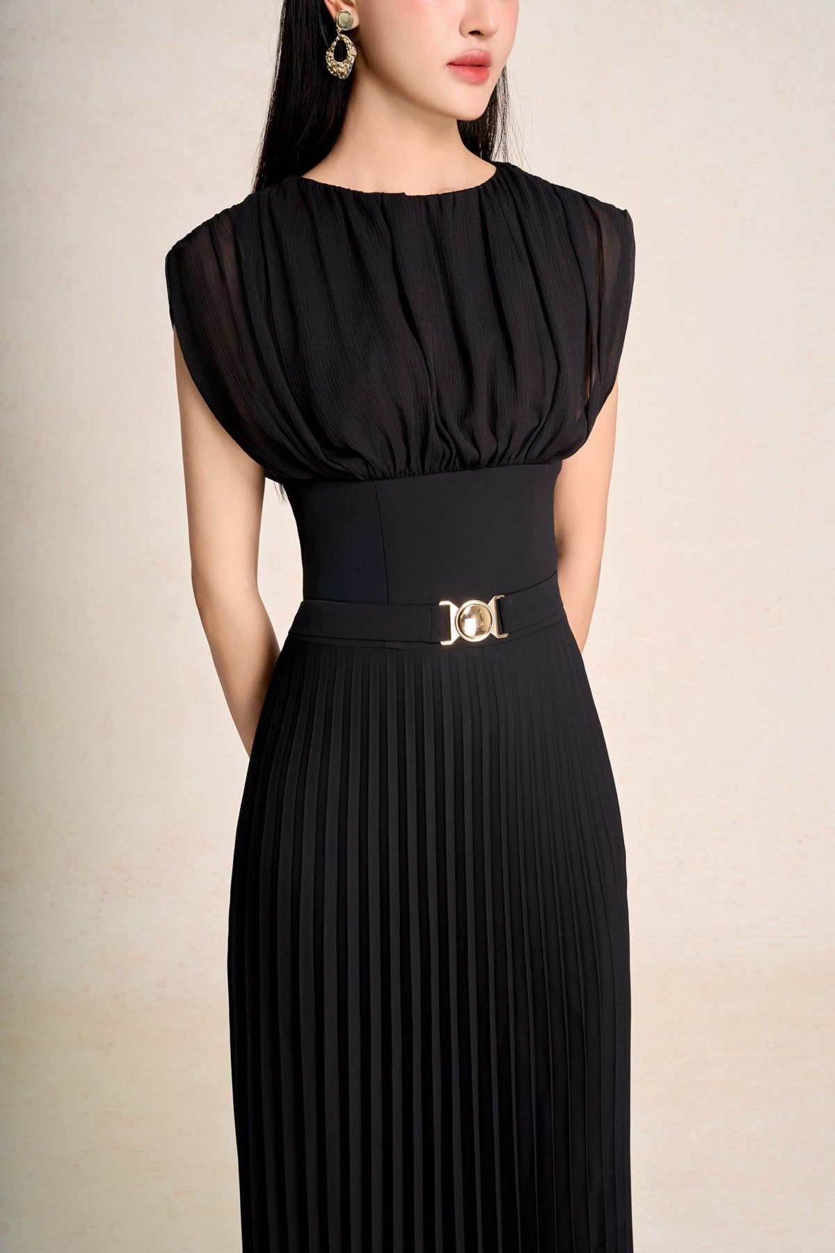 FDP33583 - Đầm dạo phố vải tuytsi dáng ôm cổ tròn tay chờm ngực phối nhún eo cao có dây đai chun thân váy dập ly thời trang - PANTIO