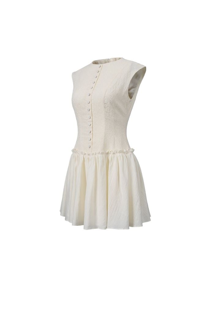 FDP33598 - Đầm dạo phố vải tơ dáng ôm cổ tròn không tay thân váy phối đường gân đính khuy bọc tạo kiểu - JAN.