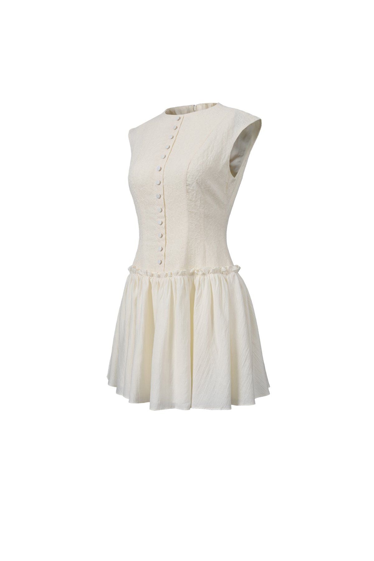 FDP33598 - Đầm dạo phố vải tơ dáng ôm cổ tròn không tay thân váy phối đường gân đính khuy bọc tạo kiểu - JAN.