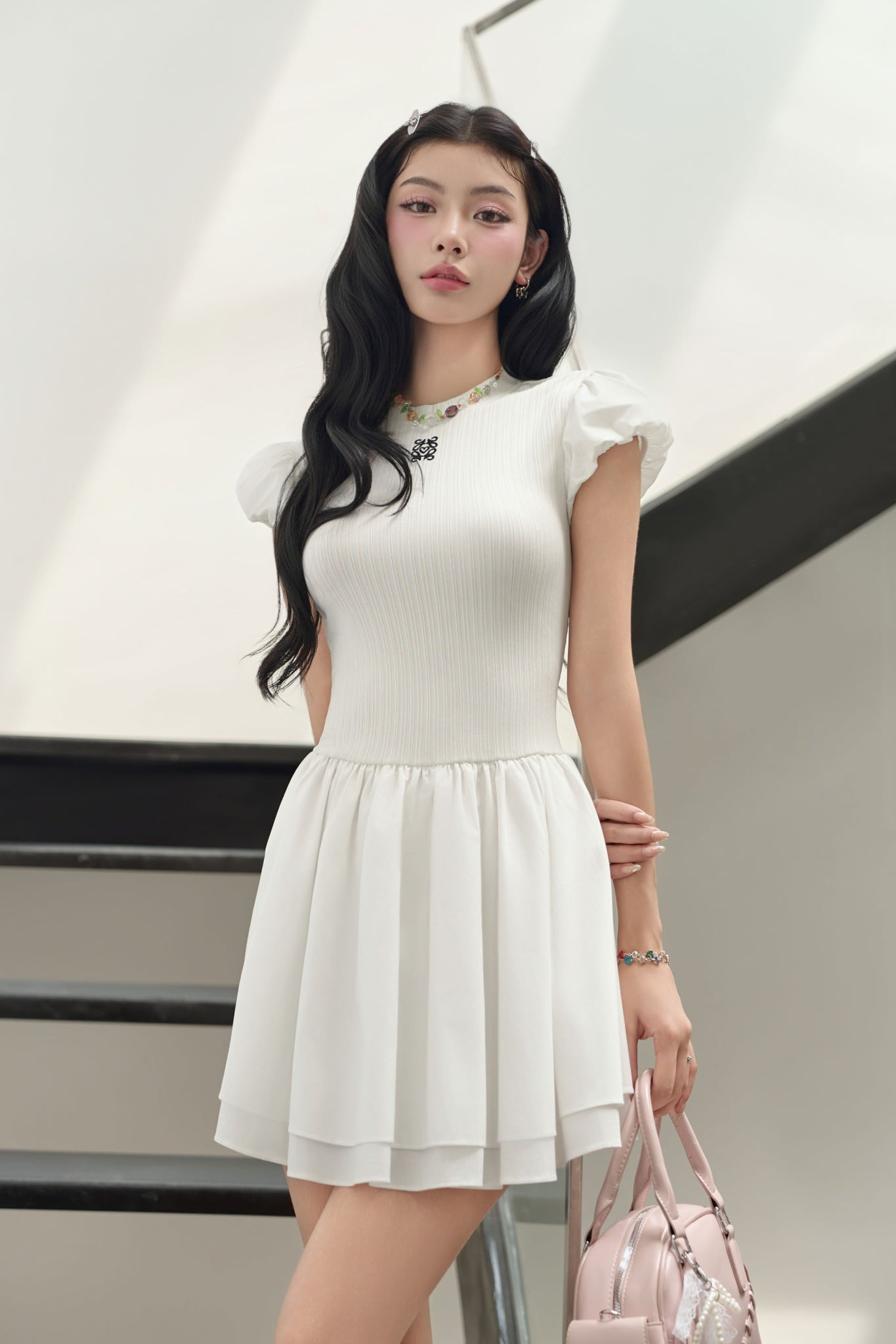 FDP33599 - Đầm dạo phố vải len dáng ôm cổ tròn tay bồng thân váy Xoè hai tầng tạo kiểu - JAN.