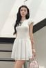 FDP33599 - Đầm dạo phố vải len dáng ôm cổ tròn tay bồng thân váy xòe hai tầng tạo kiểu - JAN.