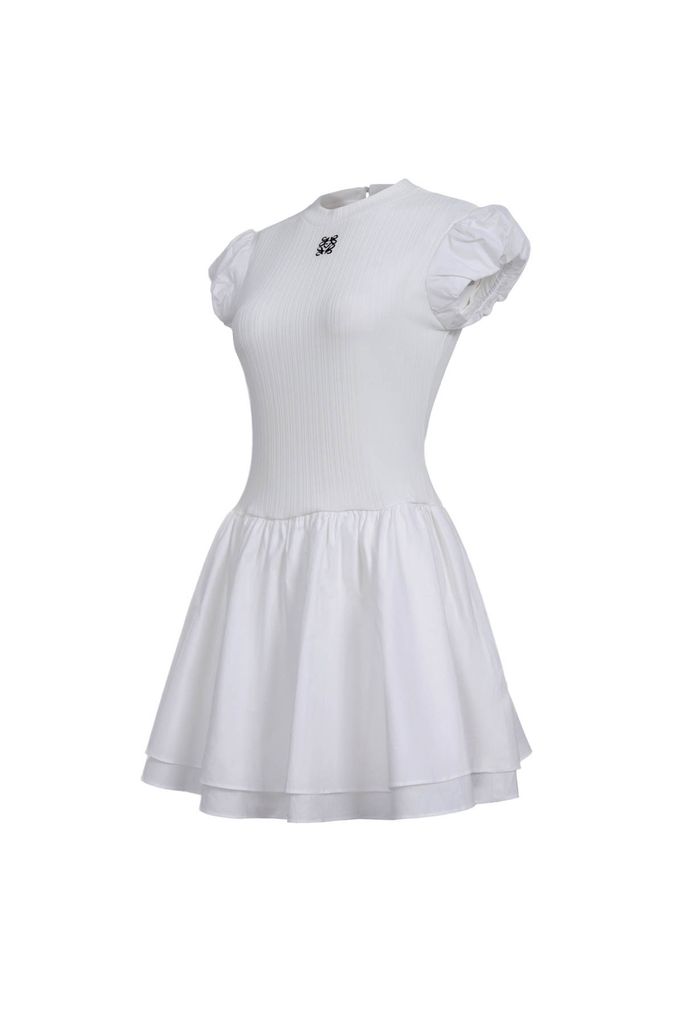 FDP33599 - Đầm dạo phố vải len dáng ôm cổ tròn tay bồng thân váy Xoè hai tầng tạo kiểu - JAN.