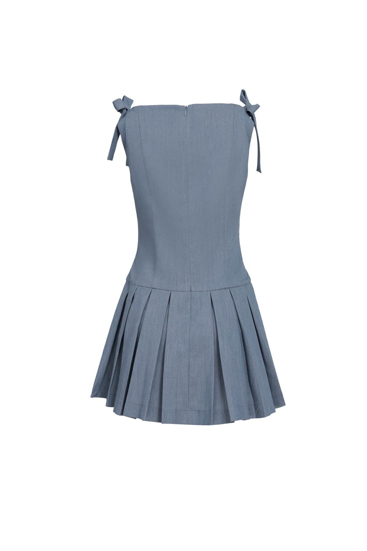 FDP33601 - Đầm dạo phố vải thô mỏng dáng ôm cổ thuyền thắt dây nơ vai thân váy xếp ly tạo kiểu khoá thân sau - JAN.