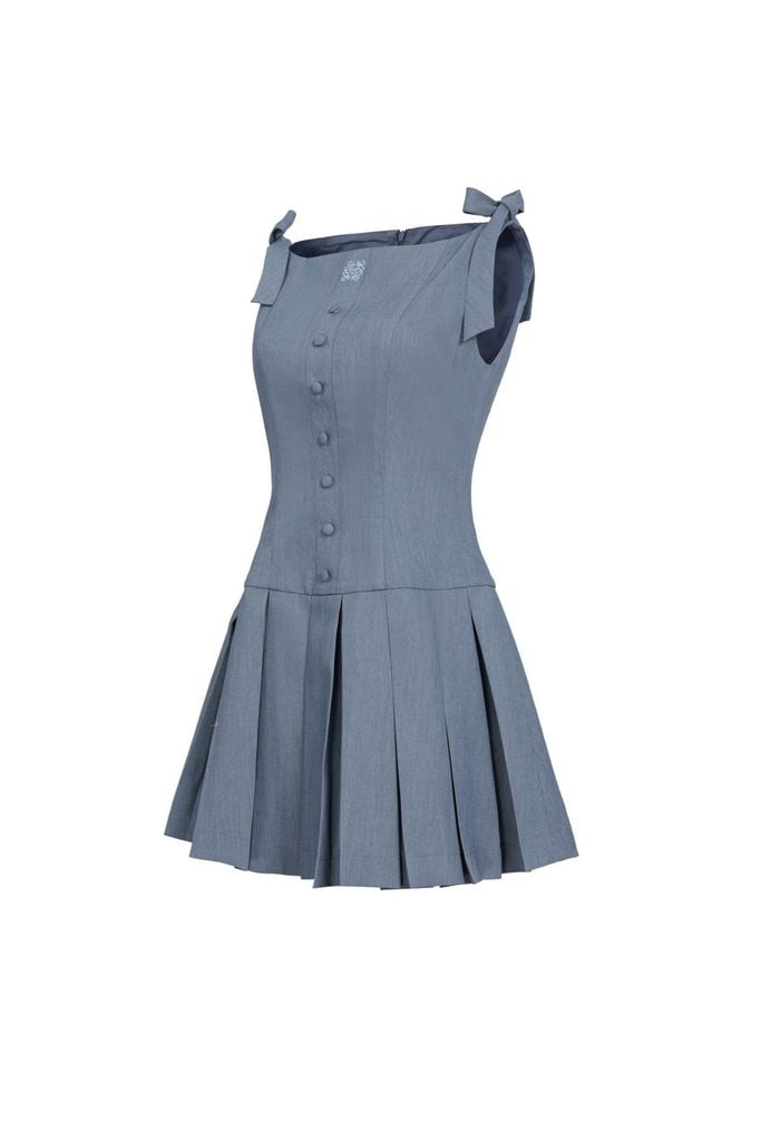 FDP33601 - Đầm dạo phố vải thô mỏng dáng ôm cổ thuyền thắt dây nơ vai thân váy xếp ly tạo kiểu khoá thân sau - JAN.