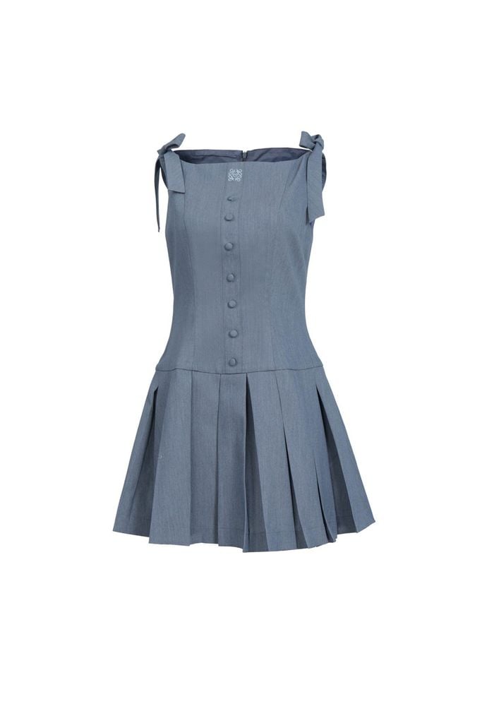 FDP33601 - Đầm dạo phố vải thô mỏng dáng ôm cổ thuyền thắt dây nơ vai thân váy xếp ly tạo kiểu khoá thân sau - JAN.