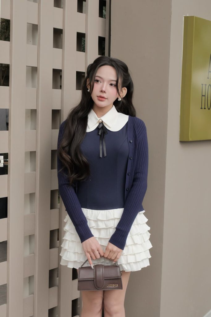 FDP33606 - Đầm dạo phố vải cotton dáng ôm cổ bẻ phối nơ thời trang thân váy xếp tầng tạo kiểu khoá thân sau - JAN.