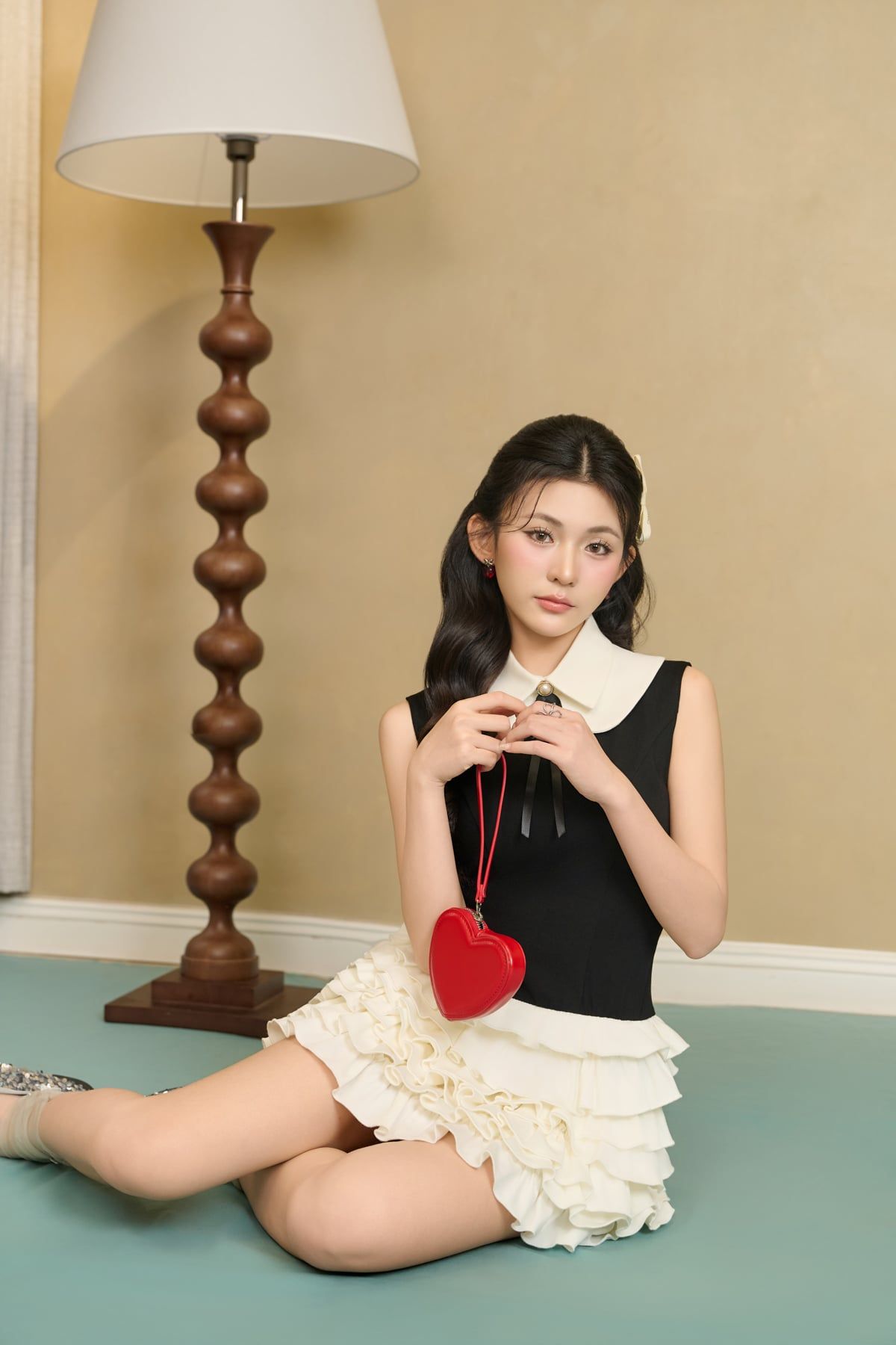 FDP33606 - Đầm dạo phố vải cotton dáng ôm cổ bẻ phối nơ thời trang thân váy xếp tầng tạo kiểu khoá thân sau - JAN.