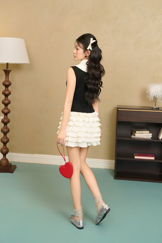 FDP33606 - Đầm dạo phố vải cotton dáng ôm cổ bẻ phối nơ thời trang thân váy xếp tầng tạo kiểu khoá thân sau - JAN.