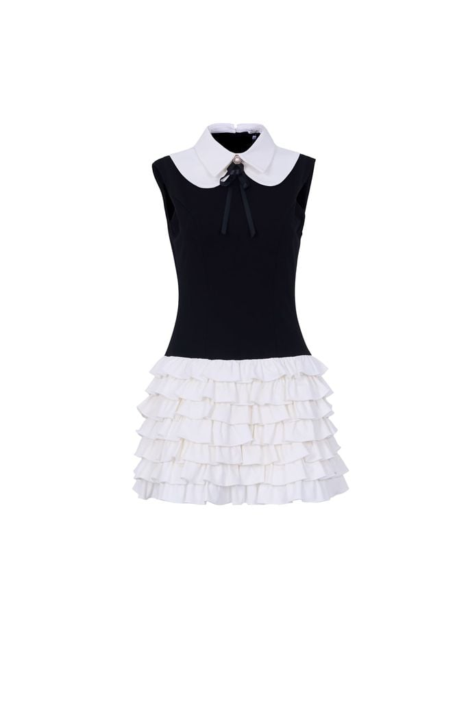 FDP33606 - Đầm dạo phố vải cotton dáng ôm cổ bẻ phối nơ thời trang thân váy xếp tầng tạo kiểu khoá thân sau - JAN.