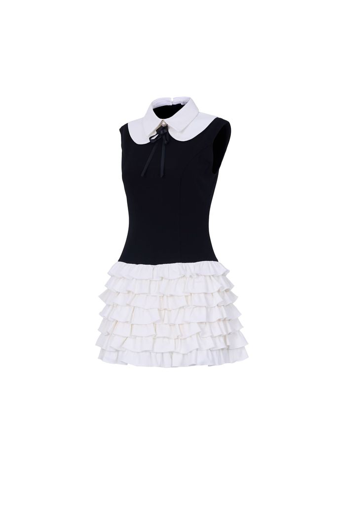 FDP33606 - Đầm dạo phố vải cotton dáng ôm cổ bẻ phối nơ thời trang thân váy xếp tầng tạo kiểu khoá thân sau - JAN.