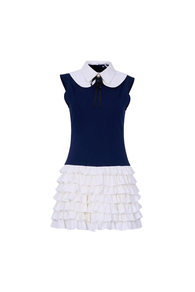 FDP33606 - Đầm dạo phố vải cotton dáng ôm cổ bẻ phối nơ thời trang thân váy xếp tầng tạo kiểu khoá thân sau - JAN.