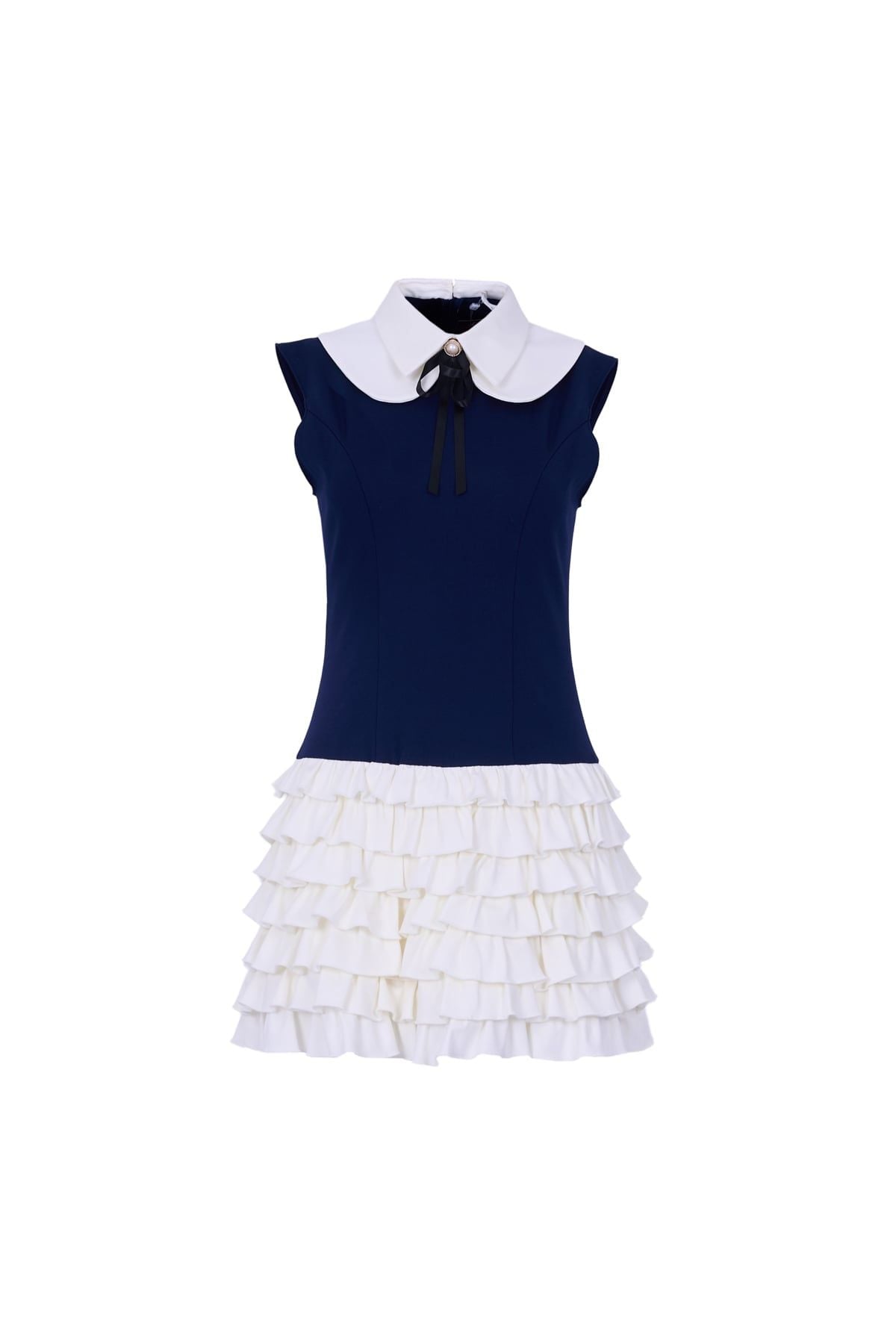 FDP33606 - Đầm dạo phố vải cotton dáng ôm cổ bẻ phối nơ thời trang thân váy xếp tầng tạo kiểu khoá thân sau - JAN.