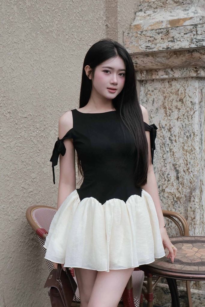 FDP33617 - Đầm dạo phố vải tơ dáng ôm cổ tròn vai phối dây thắt nơ tạo kiểu thân váy ngắn xòe đổ ly tạo kiểu khóa thân sau - JAN.