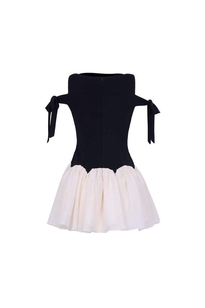 FDP33617 - Đầm dạo phố vải tơ dáng ôm cổ tròn vai phối dây thắt nơ tạo kiểu thân váy ngắn xòe đổ ly tạo kiểu khóa thân sau - JAN.