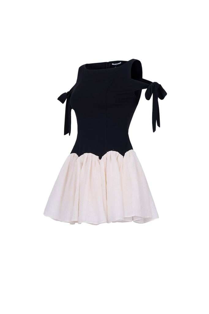 FDP33617 - Đầm dạo phố vải tơ dáng ôm cổ tròn vai phối dây thắt nơ tạo kiểu thân váy ngắn xòe đổ ly tạo kiểu khóa thân sau - JAN.