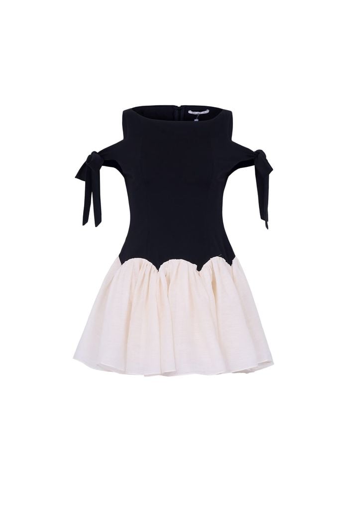 FDP33617 - Đầm dạo phố vải tơ dáng ôm cổ tròn vai phối dây thắt nơ tạo kiểu thân váy ngắn xòe đổ ly tạo kiểu khóa thân sau - JAN.