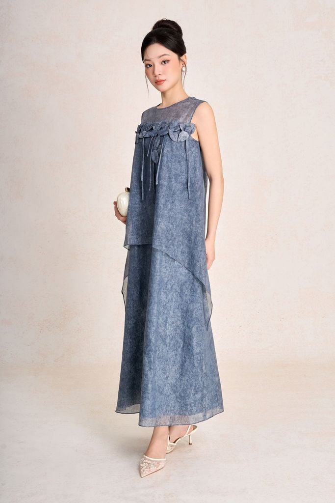 FDP33618 - Đầm dạo phố vải tơ dáng suông cổ tròn đính viền hoa tạo kiểu thân váy phối vạt cách điệu - PANTIO