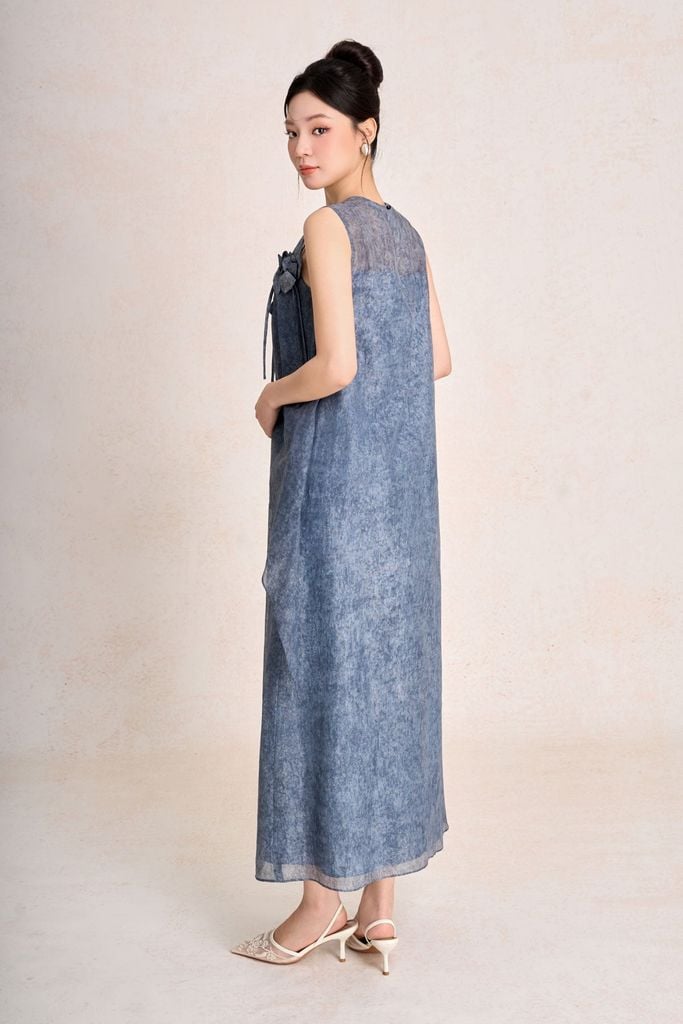 FDP33618 - Đầm dạo phố vải tơ dáng suông cổ tròn đính viền hoa tạo kiểu thân váy phối vạt cách điệu - PANTIO
