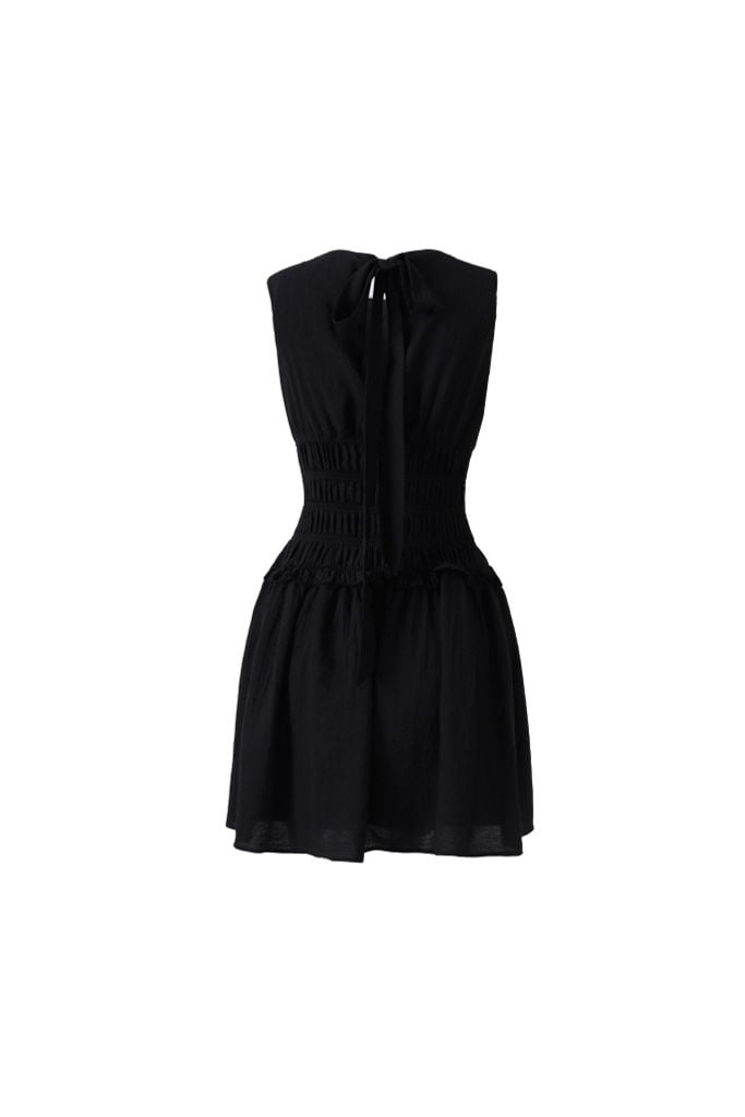 FDP33624 - Đầm dạo phố vải thô mỏng dáng ôm cổ tròn không tay eo bo chun tạo kiểu lưng phối vạt thắt nơ - JAN.