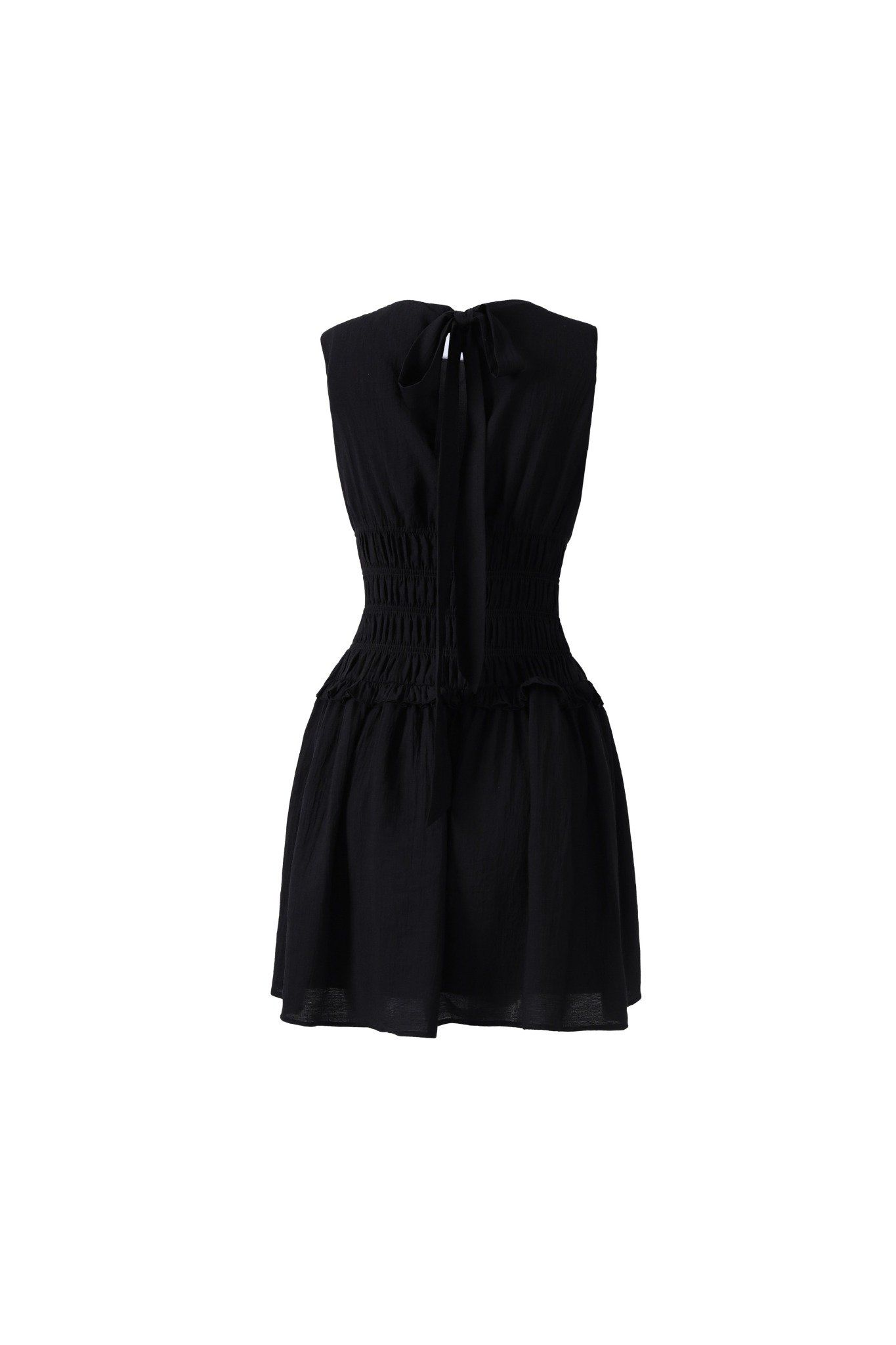 FDP33624 - Đầm dạo phố vải thô mỏng dáng ôm cổ tròn không tay eo bo chun tạo kiểu lưng phối vạt thắt nơ - JAN.