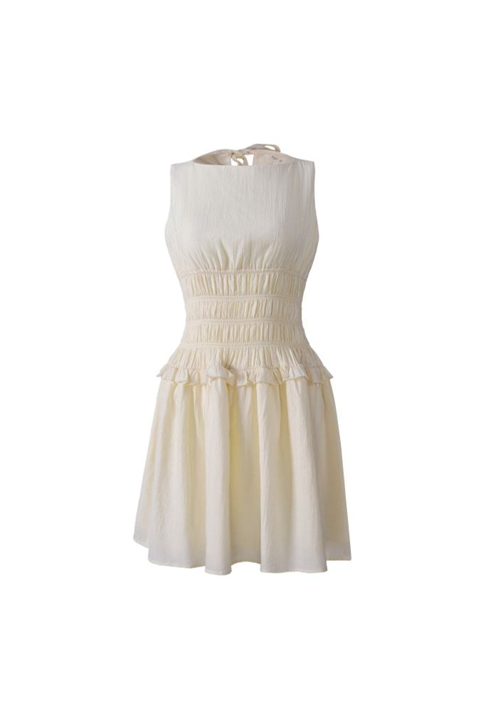 FDP33624 - Đầm dạo phố vải thô mỏng dáng ôm cổ tròn không tay eo bo chun tạo kiểu lưng phối vạt thắt nơ - JAN.