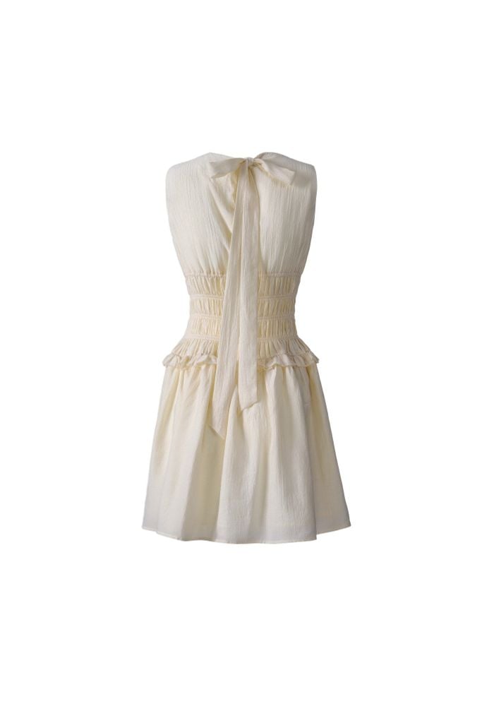 FDP33624 - Đầm dạo phố vải thô mỏng dáng ôm cổ tròn không tay eo bo chun tạo kiểu lưng phối vạt thắt nơ - JAN.