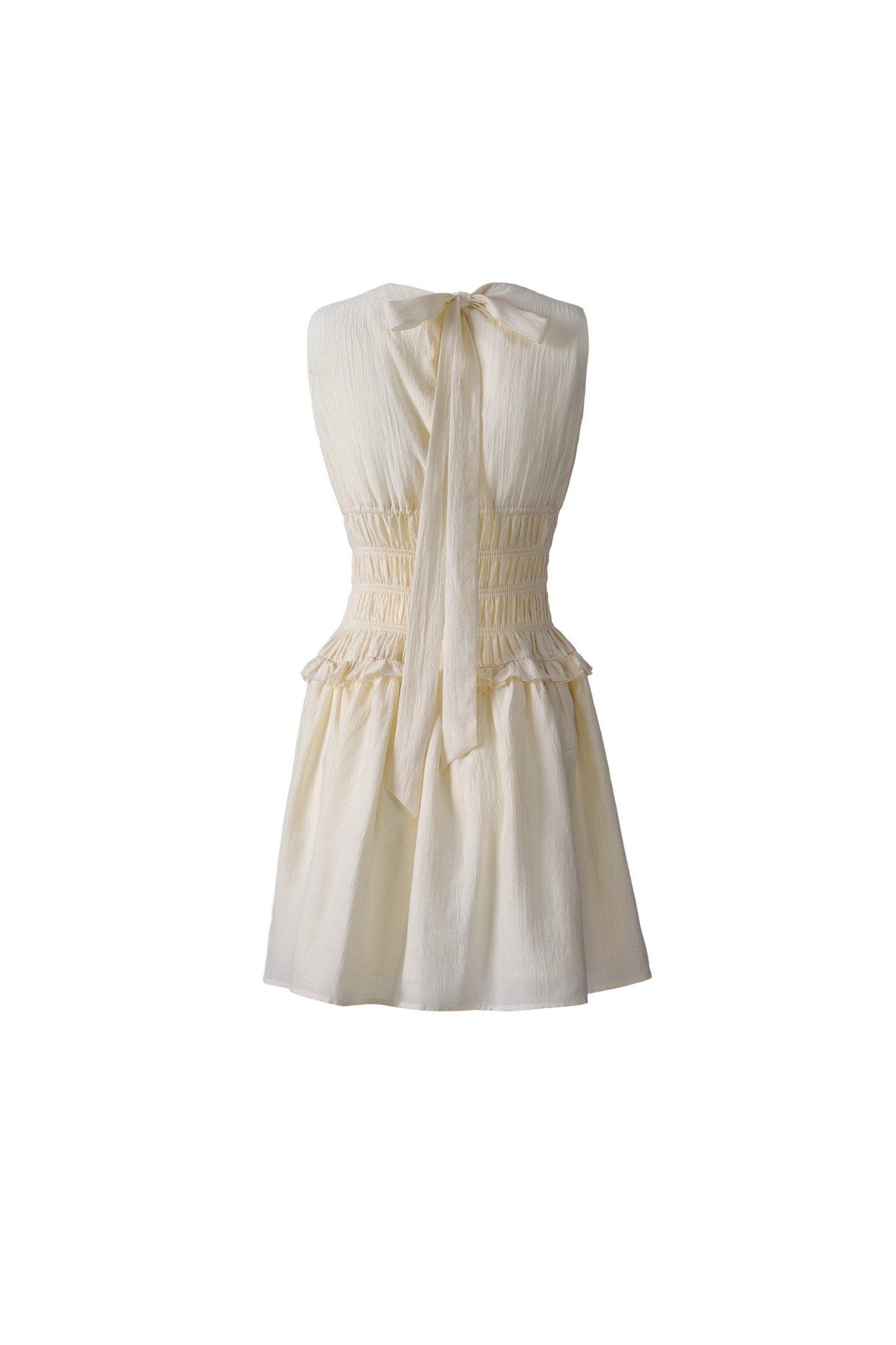 FDP33624 - Đầm dạo phố vải thô mỏng dáng ôm cổ tròn không tay eo bo chun tạo kiểu lưng phối vạt thắt nơ - JAN.