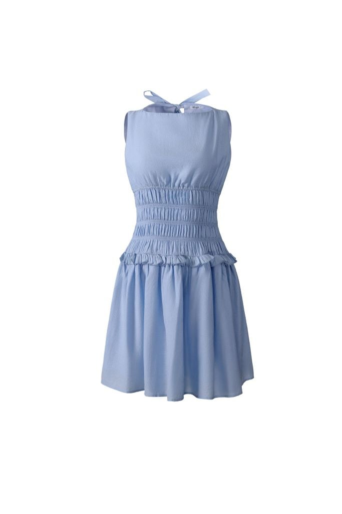 FDP33624 - Đầm dạo phố vải thô mỏng dáng ôm cổ tròn không tay eo bo chun tạo kiểu lưng phối vạt thắt nơ - JAN.