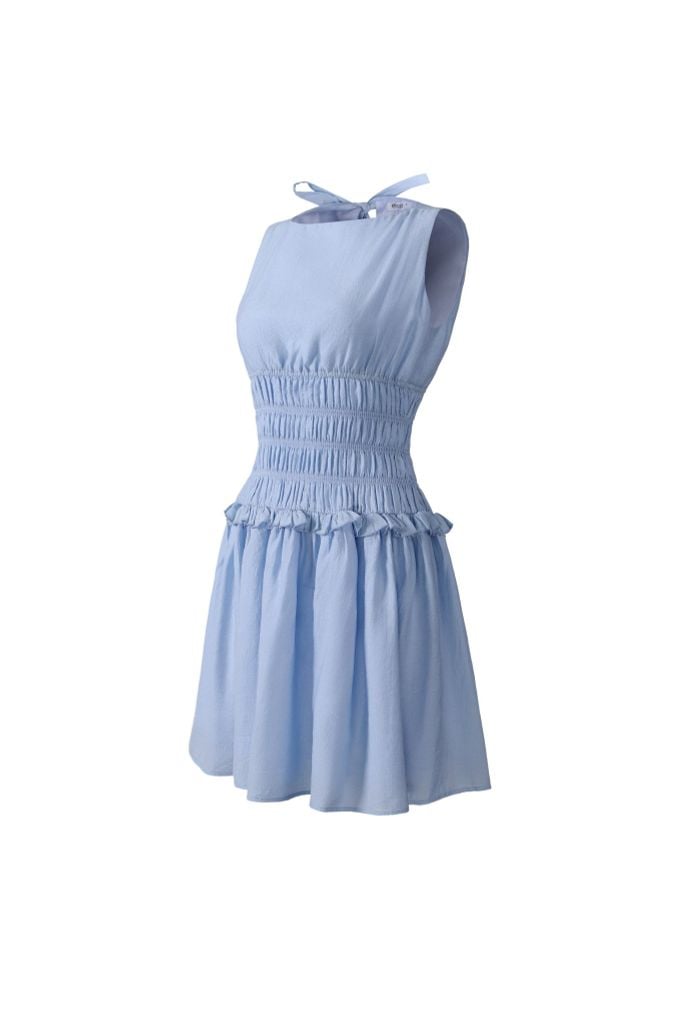 FDP33624 - Đầm dạo phố vải thô mỏng dáng ôm cổ tròn không tay eo bo chun tạo kiểu lưng phối vạt thắt nơ - JAN.