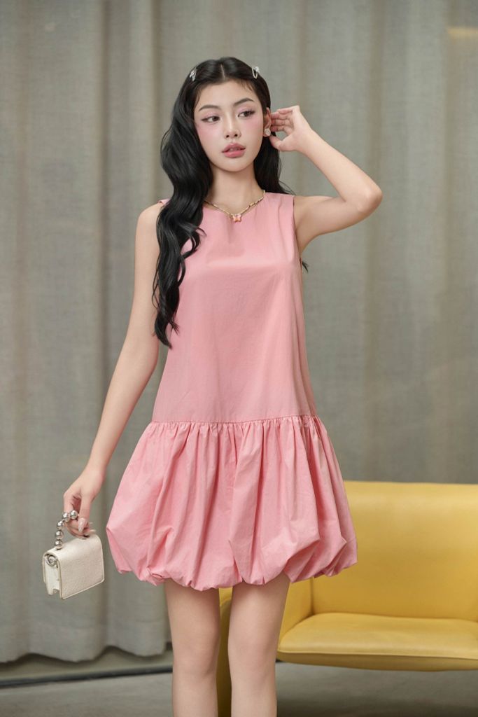 FDP33625 - Đầm dạo phố vải thô kate dáng bí cổ tròn không tay gấu váy phồng tạo kiểu - JAN.