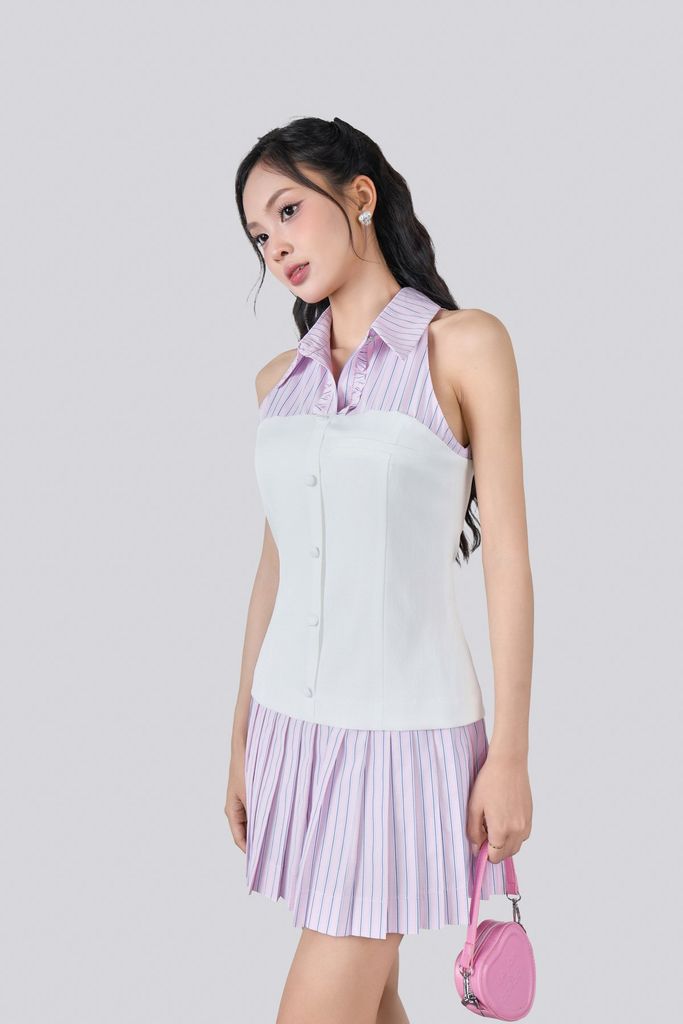 FDP33629 - Đầm dạo phố vải thô dáng suông cổ bẻ không tay gấu váy xếp ly tạo kiểu khoá thân sau - JAN.