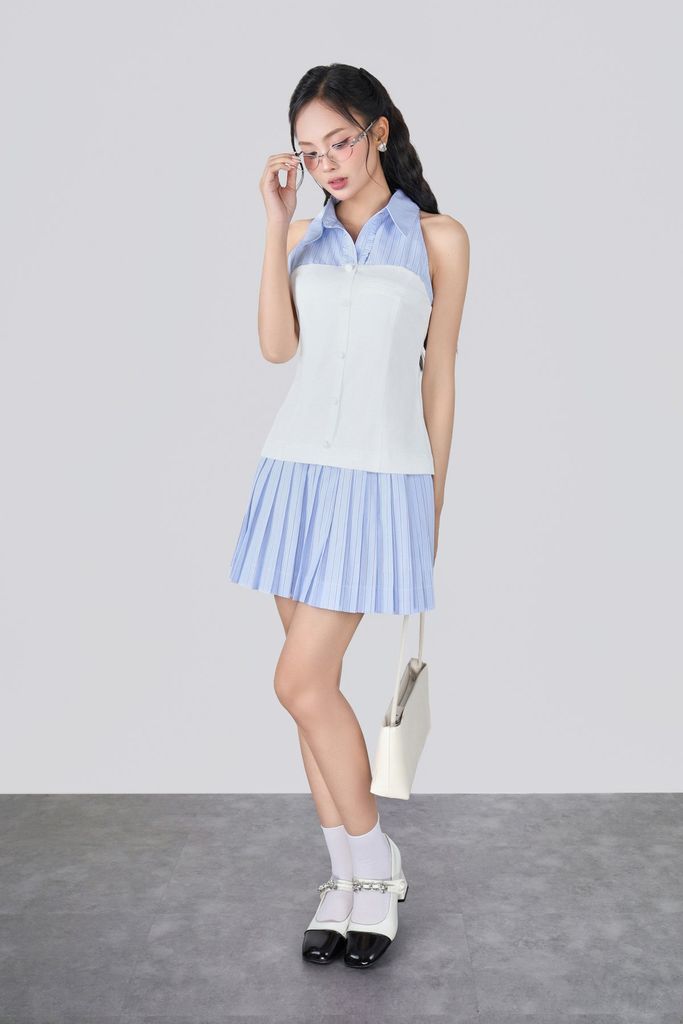 FDP33629 - Đầm dạo phố vải thô dáng suông cổ bẻ không tay gấu váy xếp ly tạo kiểu khoá thân sau - JAN.