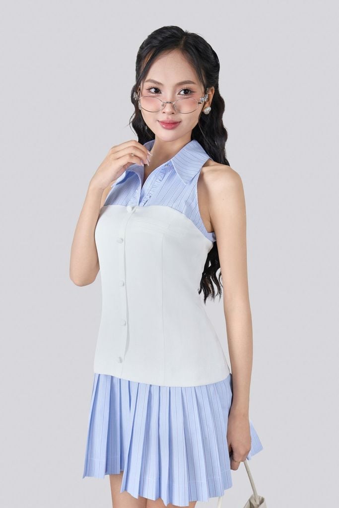 FDP33629 - Đầm dạo phố vải thô dáng suông cổ bẻ không tay gấu váy xếp ly tạo kiểu khoá thân sau - JAN.