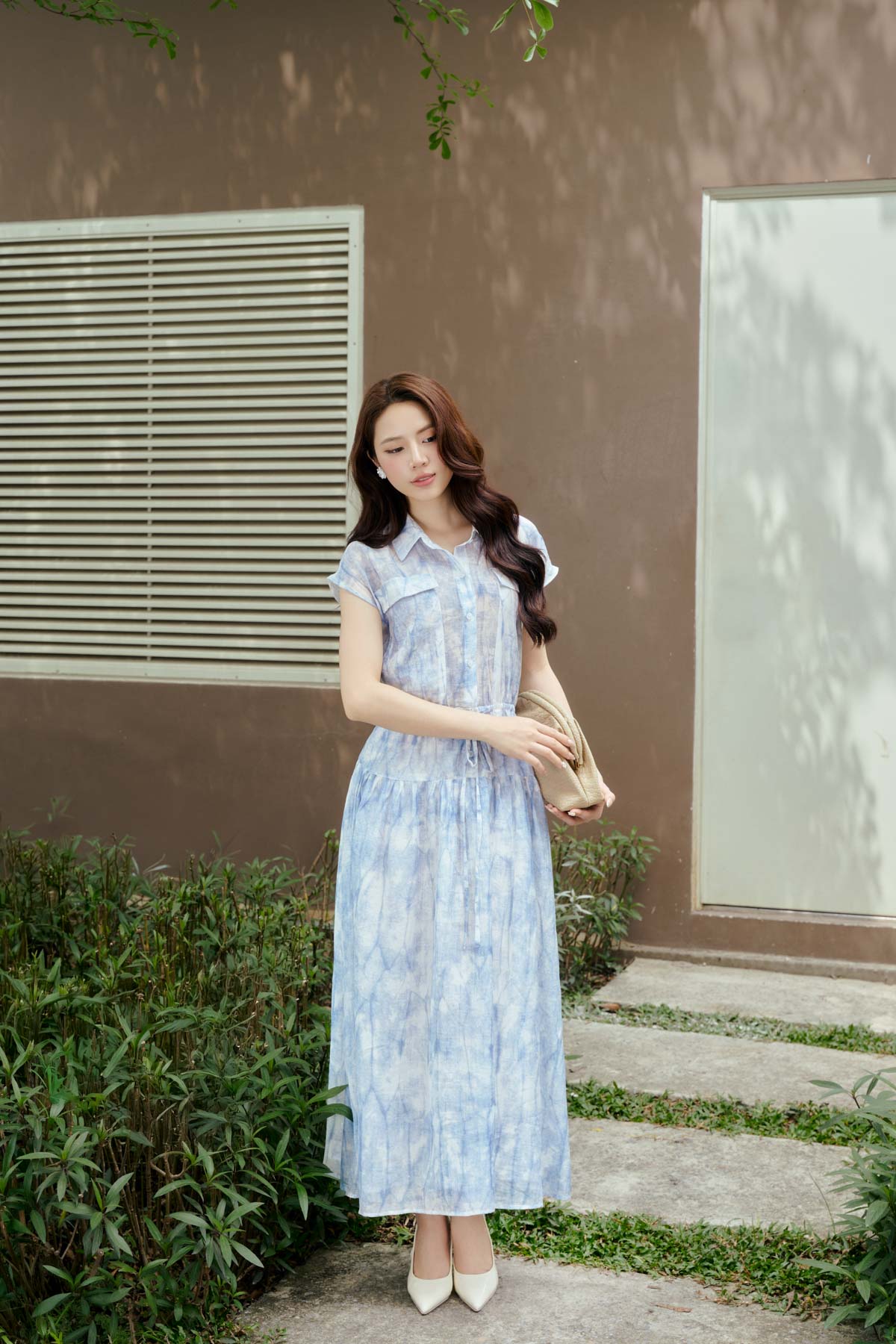 FDP33633 - Đầm dạo phố vải thô mỏng dáng suông cổ tròn tay chờm eo váy bo chun ôm cài khuy thân trước - PANTIO