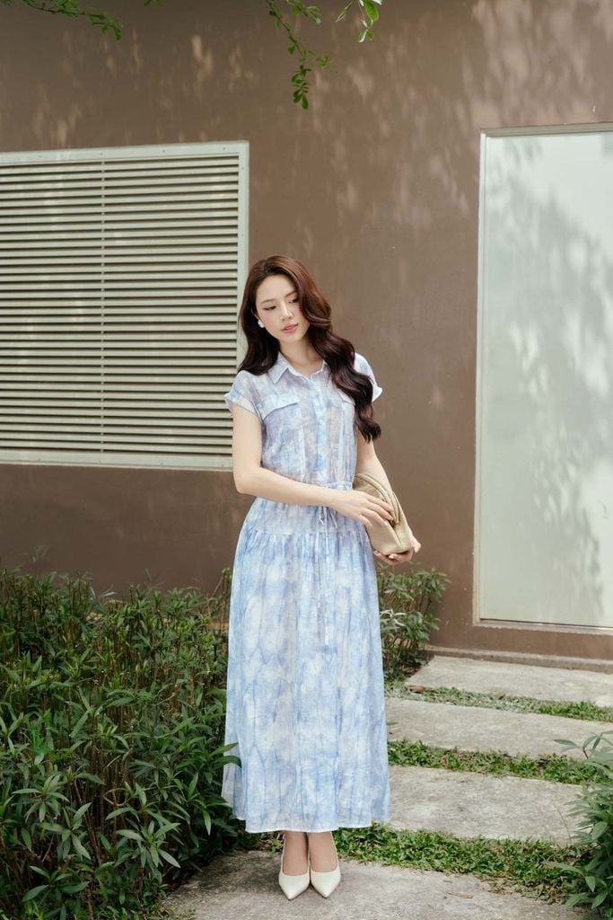 FDP33633 - Đầm dạo phố vải thô mỏng dáng suông cổ tròn tay chờm eo váy bo chun ôm cài khuy thân trước - PANTIO