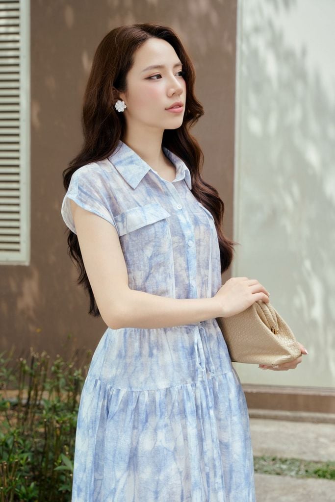 FDP33633 - Đầm dạo phố vải thô mỏng dáng suông cổ tròn tay chờm eo váy bo chun ôm cài khuy thân trước - PANTIO