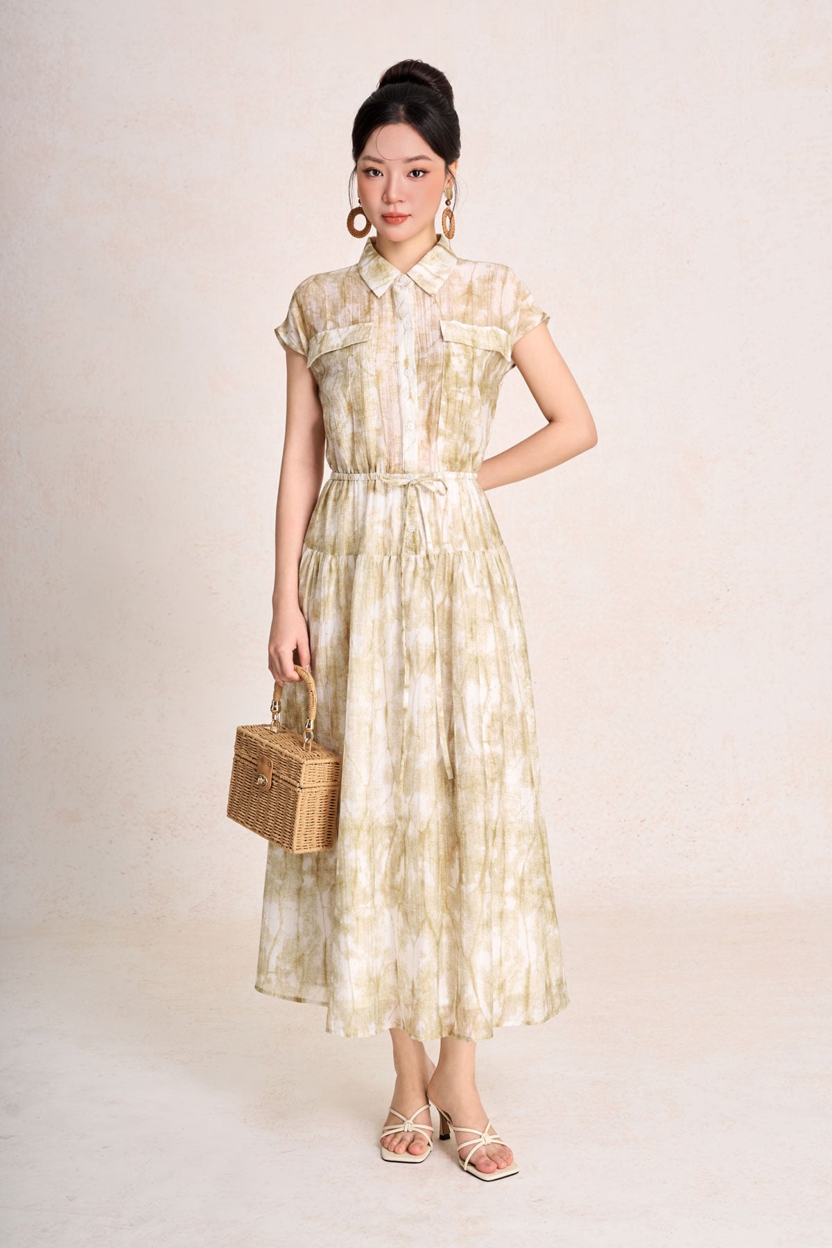 FDP33633 - Đầm dạo phố vải thô mỏng dáng suông cổ tròn tay chờm eo váy bo chun ôm cài khuy thân trước - PANTIO