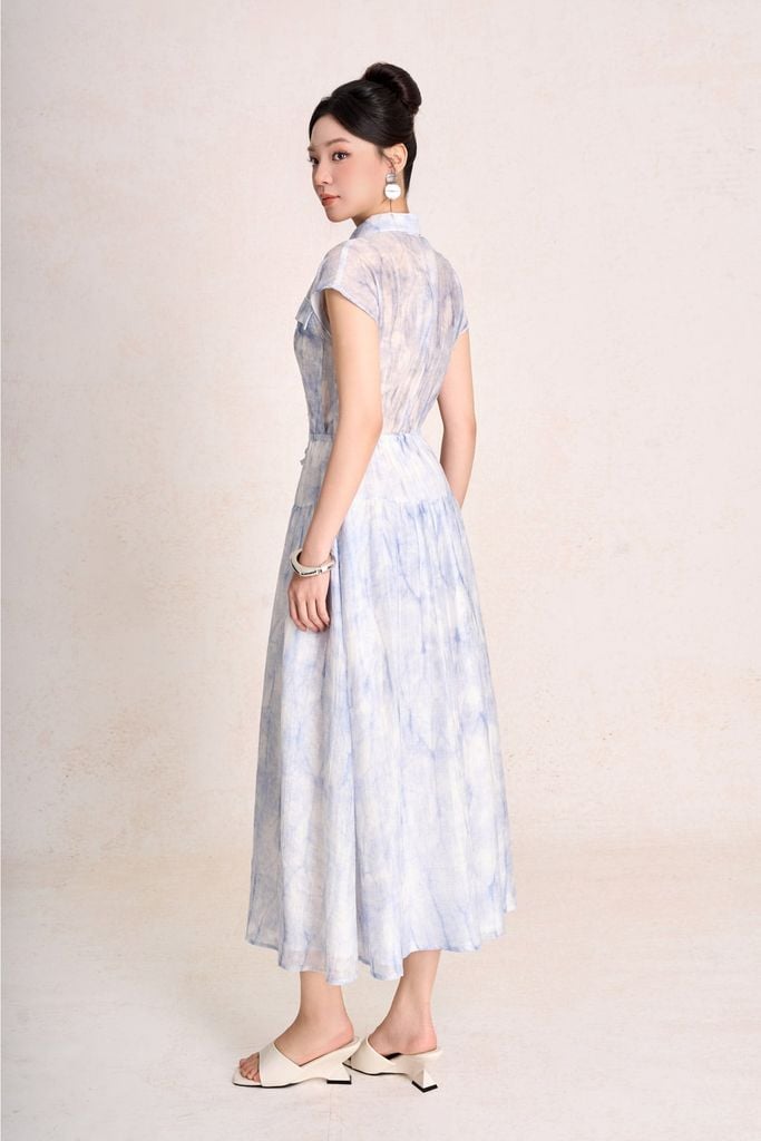 FDP33633 - Đầm dạo phố vải thô mỏng dáng suông cổ tròn tay chờm eo váy bo chun ôm cài khuy thân trước - PANTIO