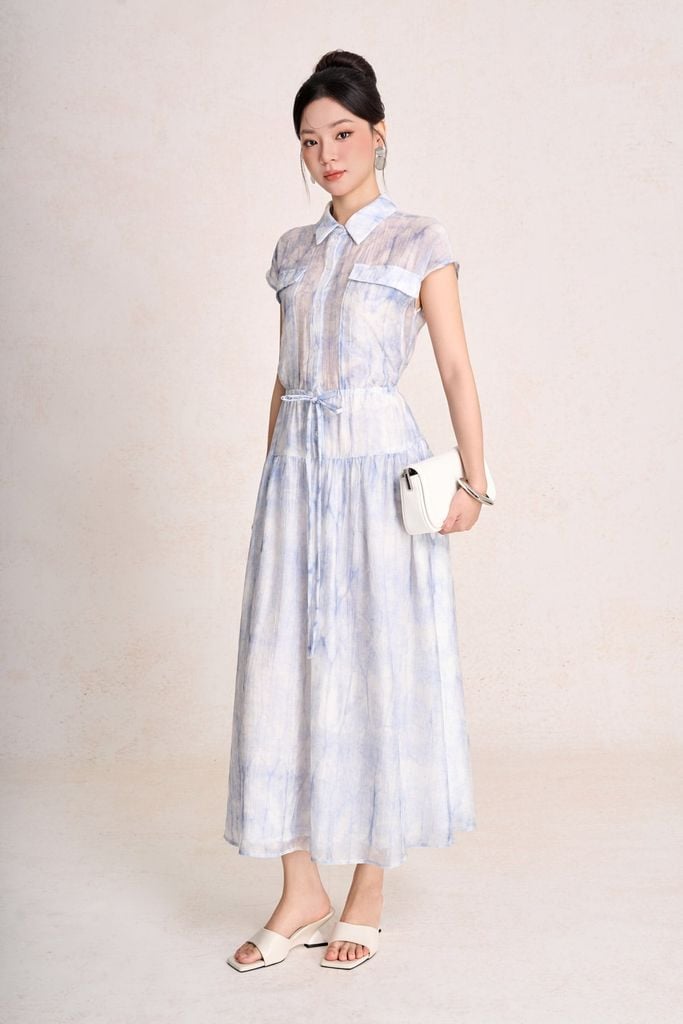 FDP33633 - Đầm dạo phố vải thô mỏng dáng suông cổ tròn tay chờm eo váy bo chun ôm cài khuy thân trước - PANTIO