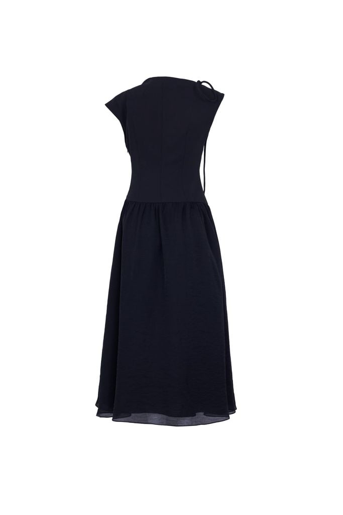 FDP33634 - Đầm dạo phố vải tơ kiểu phối dây nơ vai chờm thân váy phối ly bung tạo xoè khóa thân sau - JAN.