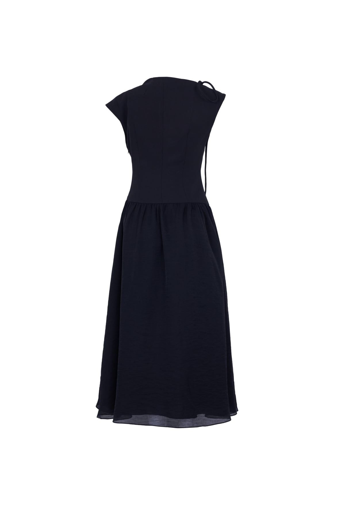 FDP33634 - Đầm dạo phố vải tơ kiểu phối dây nơ vai chờm thân váy phối ly bung tạo xoè khóa thân sau - JAN.