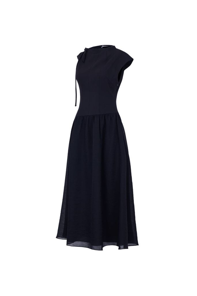 FDP33634 - Đầm dạo phố vải tơ kiểu phối dây nơ vai chờm thân váy phối ly bung tạo xoè khóa thân sau - JAN.