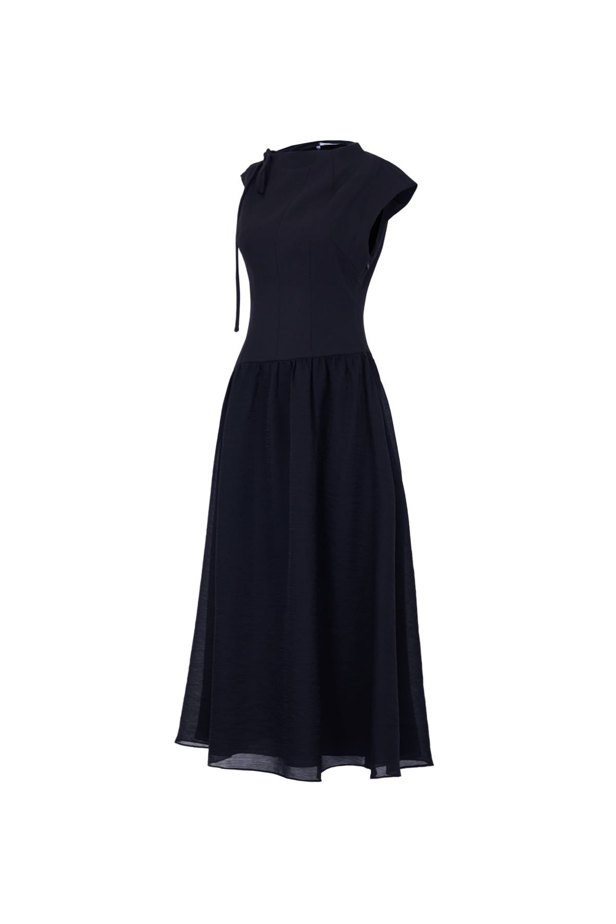 FDP33634 - Đầm dạo phố vải tơ kiểu phối dây nơ vai chờm thân váy phối ly bung tạo xoè khóa thân sau - JAN.