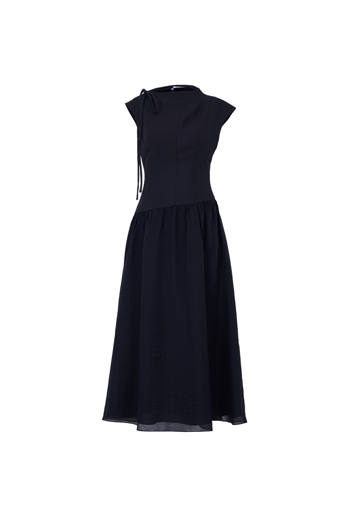 FDP33634 - Đầm dạo phố vải tơ kiểu phối dây nơ vai chờm thân váy phối ly bung tạo xoè khóa thân sau - JAN.